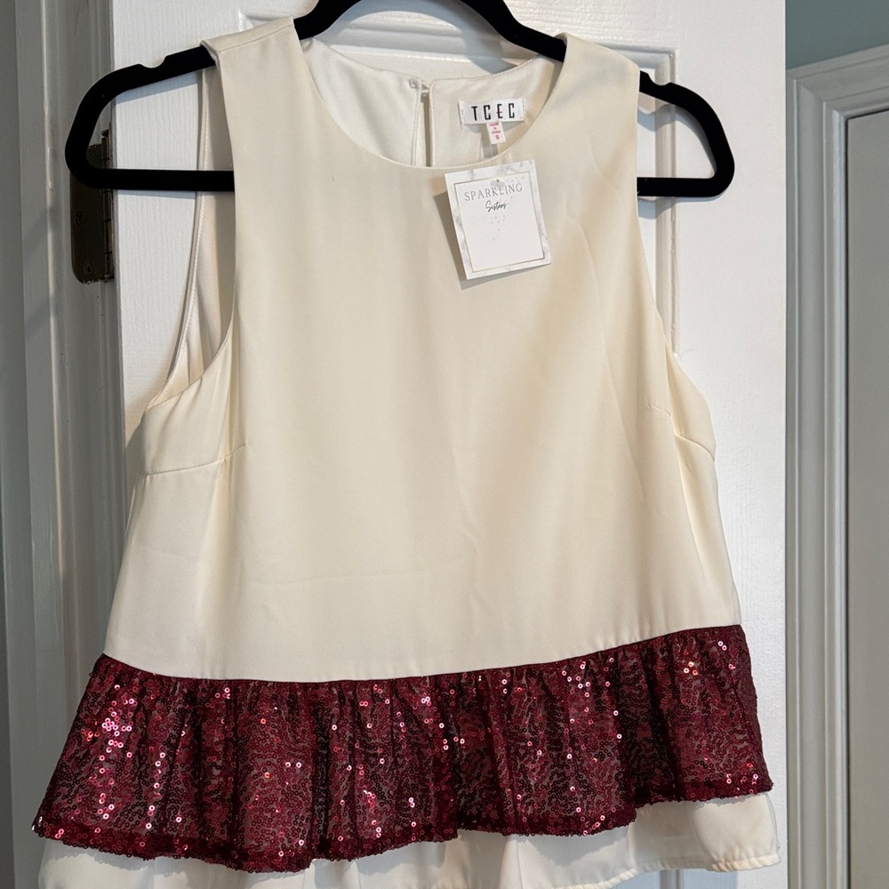 TCEC Ivory Blouse with Burgundy | Garnet | Wine Sequin Trim NWT SMALL
